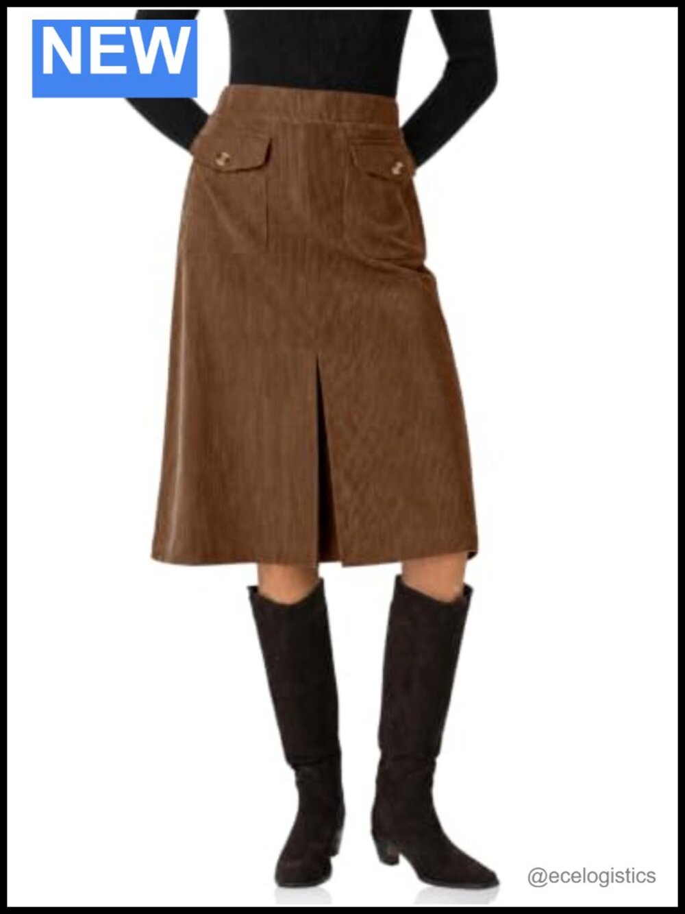 Corded Midi Skirt with Slit and Pockets
